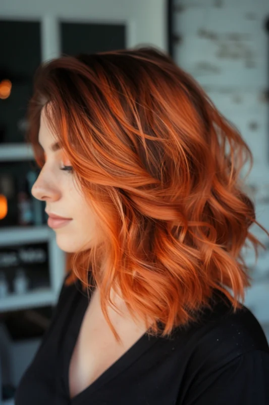 Woman with copper hair and a trendy shadow root style.