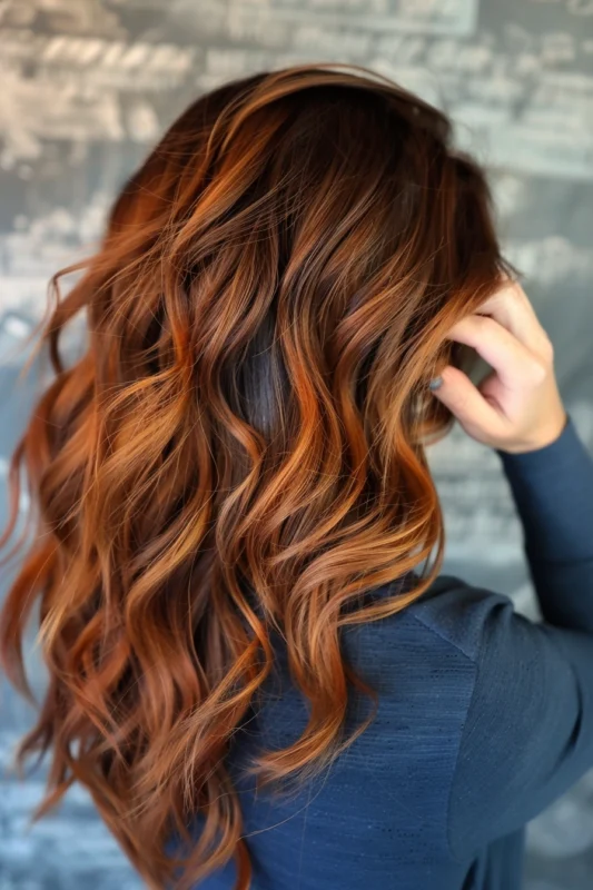 Back view of a woman with copper ombre hair.