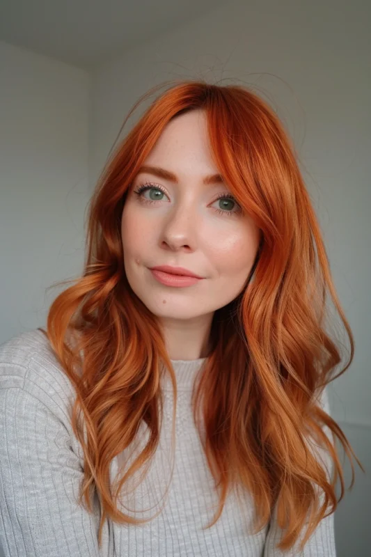 Woman with vibrant copper orange wavy hair.