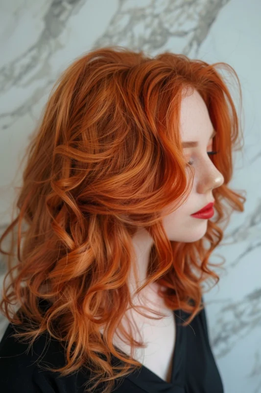 Woman with rich pumpkin spice copper hair.