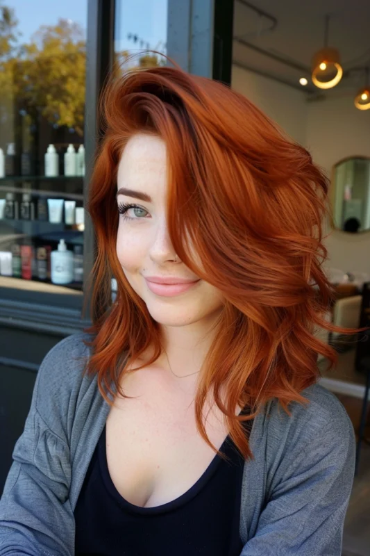 Woman with bold copper red hair.