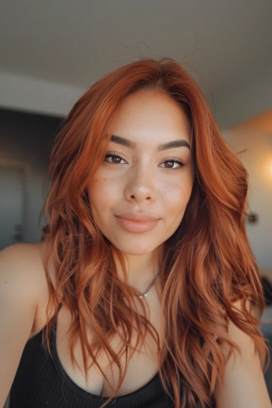 A person with radiant copper red hair, styled in beachy waves.