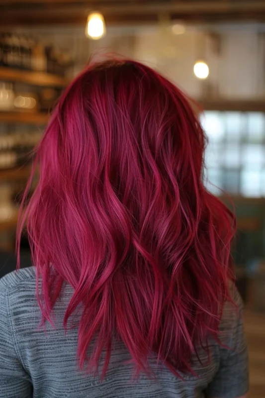A person with bold cranberry red hair.