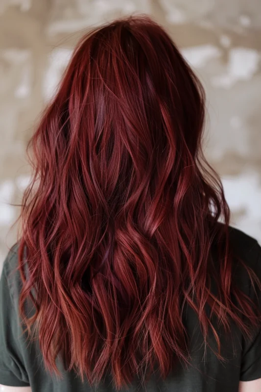 A woman with rich, wavy, crimson burgundy colored hair.