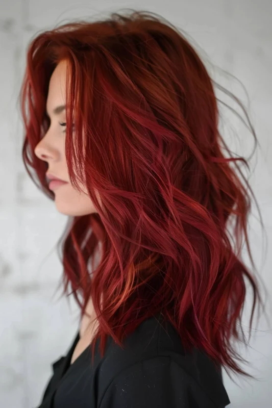 A side profile of a woman with vibrant, crimson red hair.