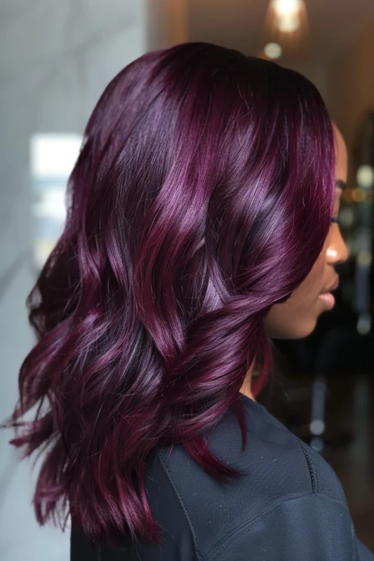 A woman with glossy, curly damson colored hair with purple tones.