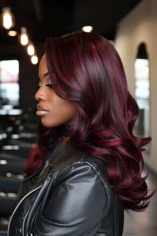 A woman with luxurious dark cherry hair color with voluminous waves.