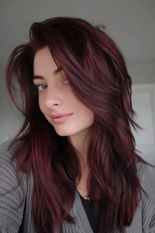 A woman with soft waves in a dark mahogany hair color.