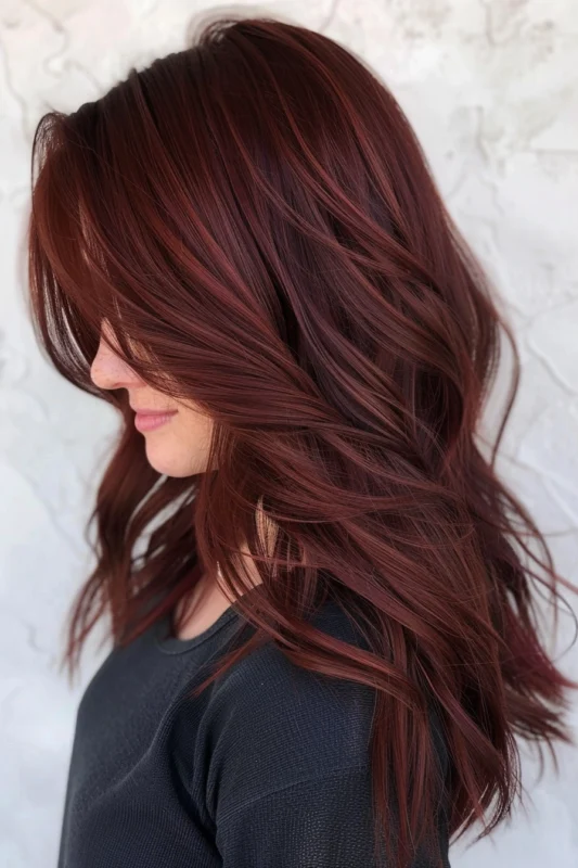 A person with dark red brown hair, styled to perfection with a silky finish.