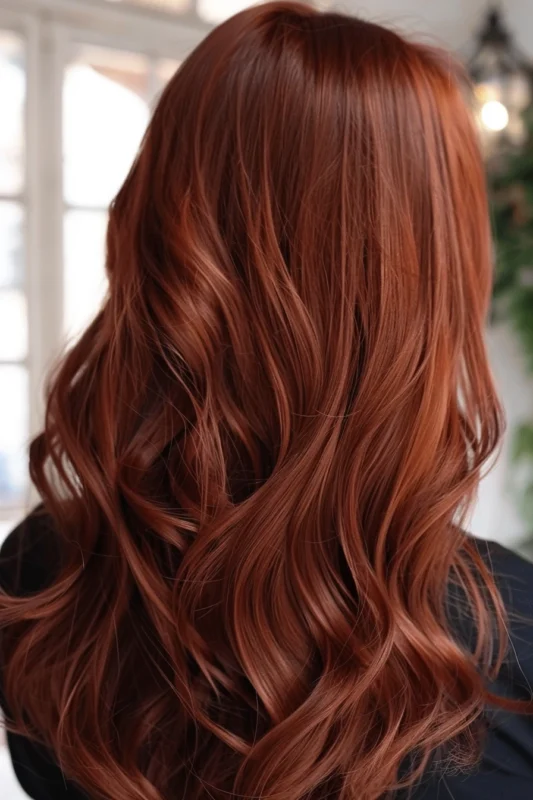 A person's hair in a dark red copper shade, styled in soft waves.