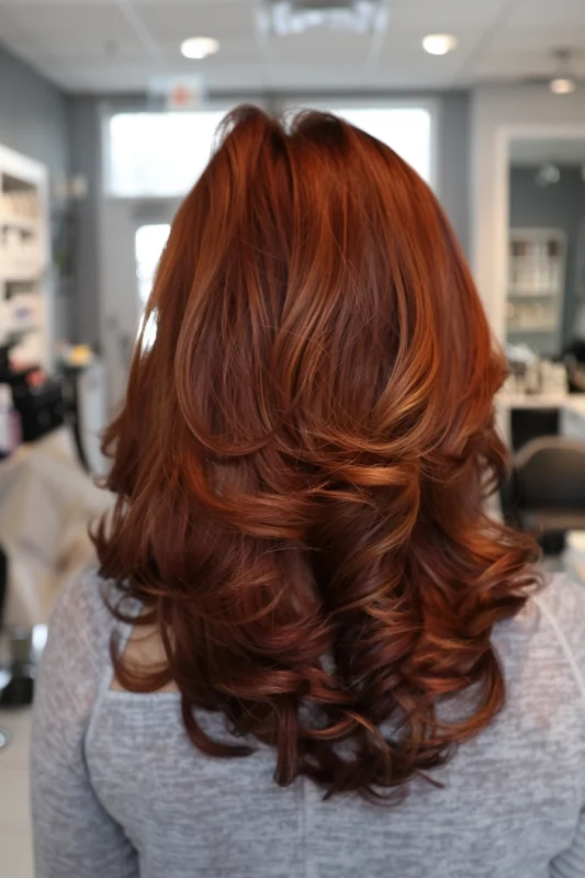 Woman with luxurious dark red copper curls.