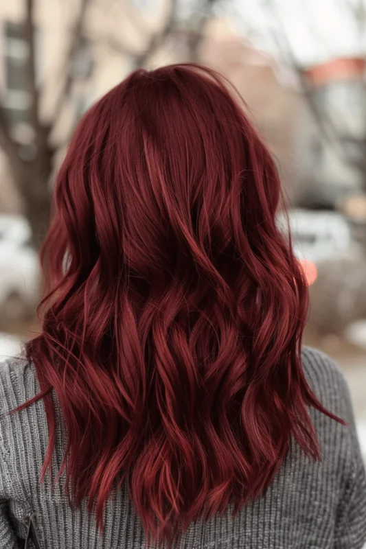 A woman with dark red and purple toned hair in loose waves.