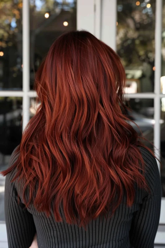 A person with deep auburn red hair that cascades in waves.