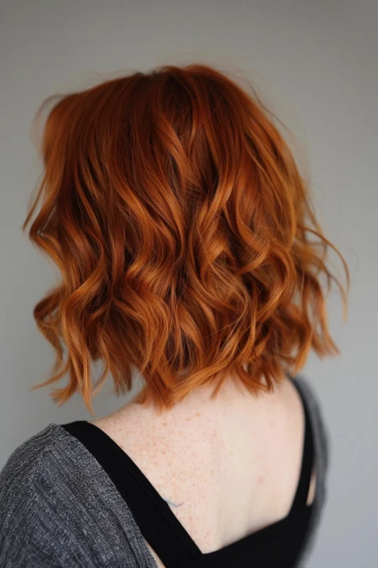 Woman with intense deep copper wavy hair.