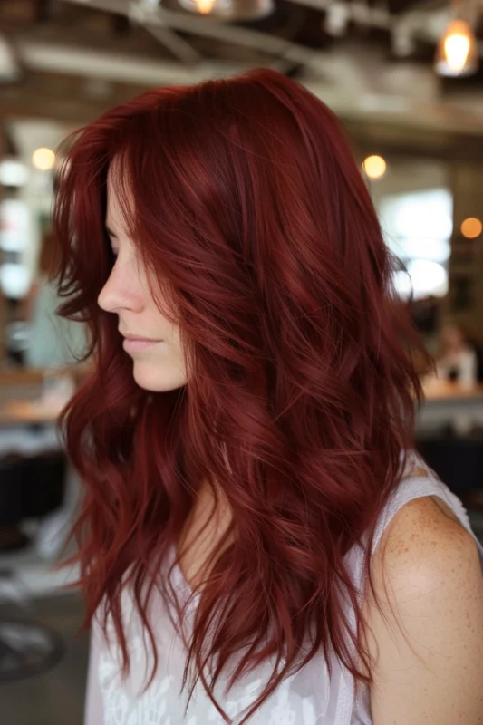 A woman with shiny, deep maroon waves on medium-length hair.