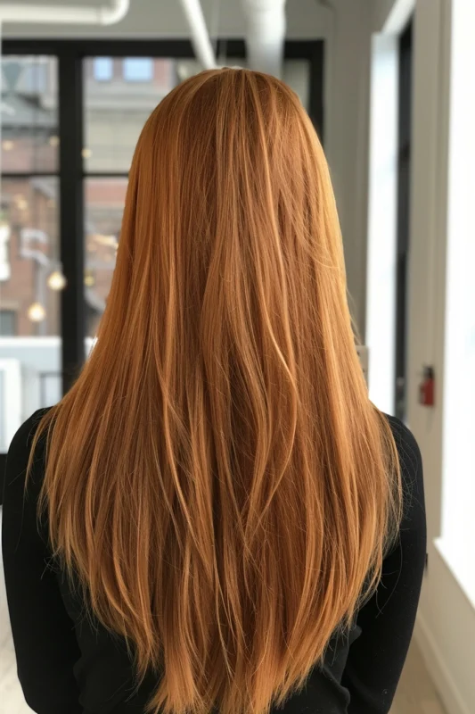 Woman with subtle faded copper straight hair.