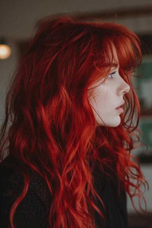 A person with fiery red hair, vibrant and full of life, that stands out with its bold color.