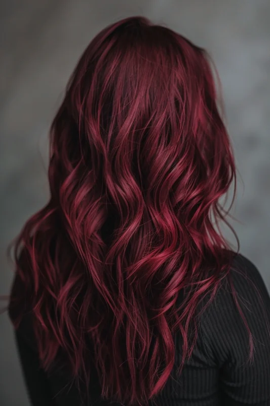 A woman with wavy hair gleaming with a deep garnet shade.