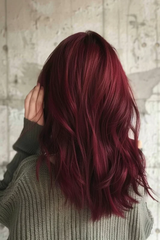 A woman's back showing deep garnet red hair with varying shades.