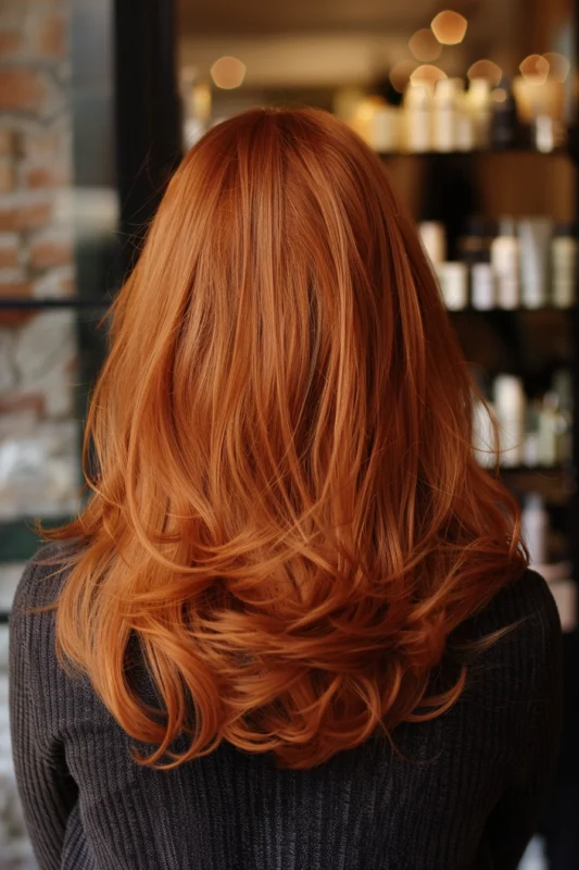 Woman with luminous ginger beer colored hair in soft waves