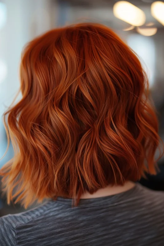 A person's hair in a bright ginger copper color, flowing with soft curls.