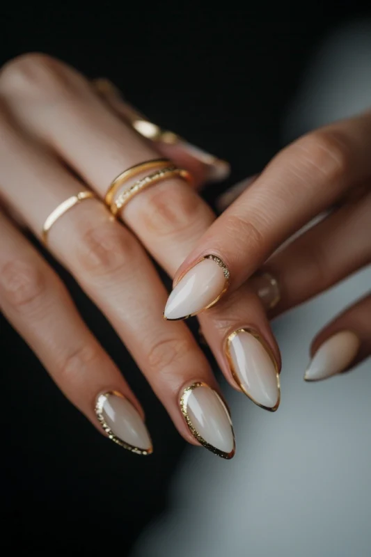 Gold-tipped French nails with glitter accents.