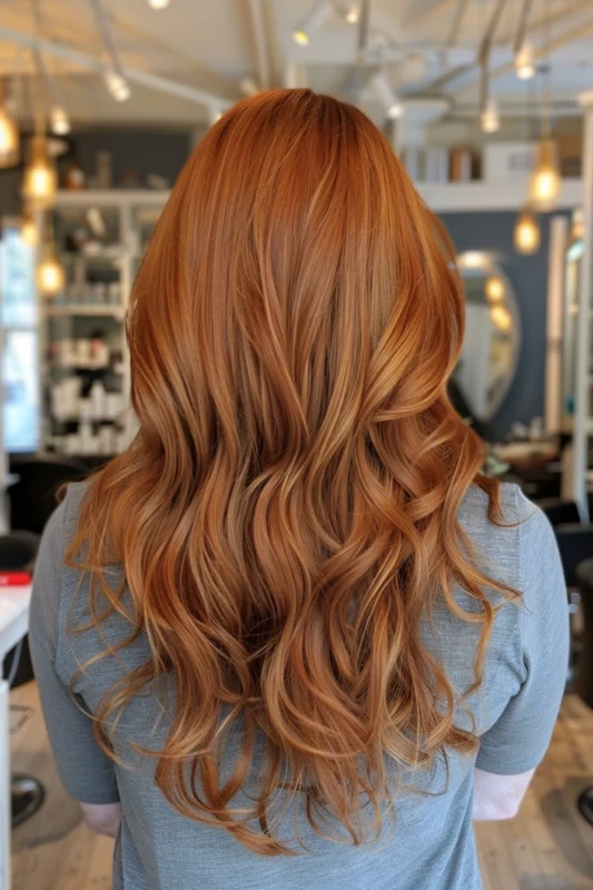 Woman with golden copper wavy hair.