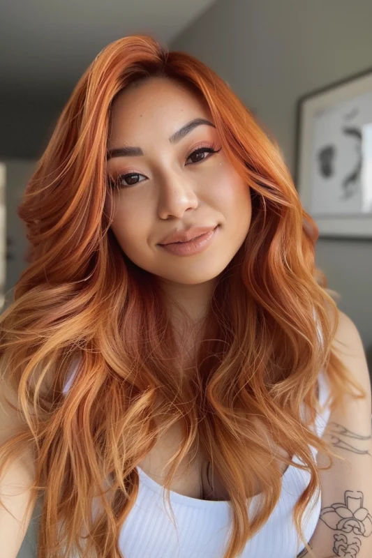 Woman with honey light copper wavy hair.