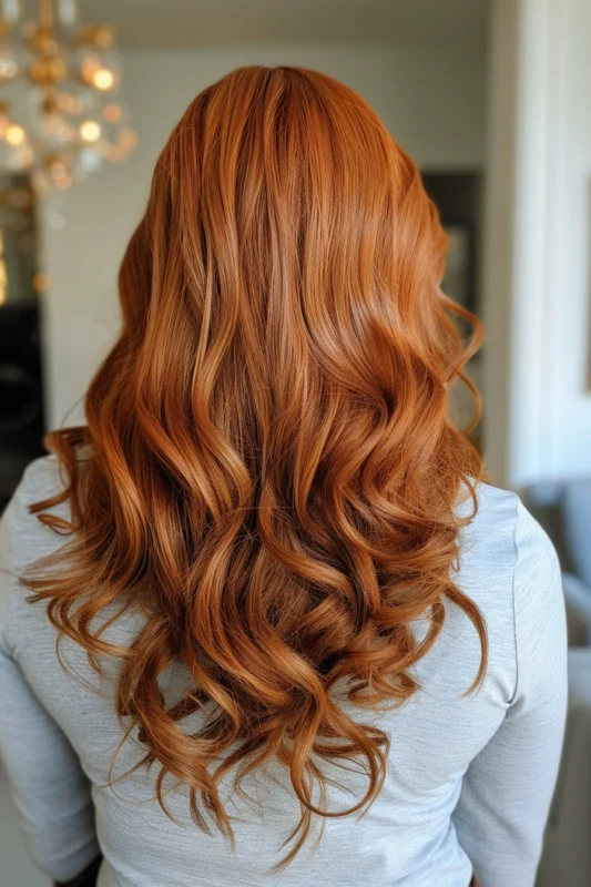 A person with honey red hair, styled to perfection with a glossy, sweet-colored finish.