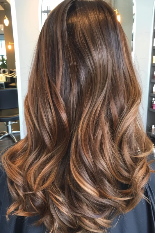 A person's hair in a soft light cinnamon shade, styled with gentle waves.