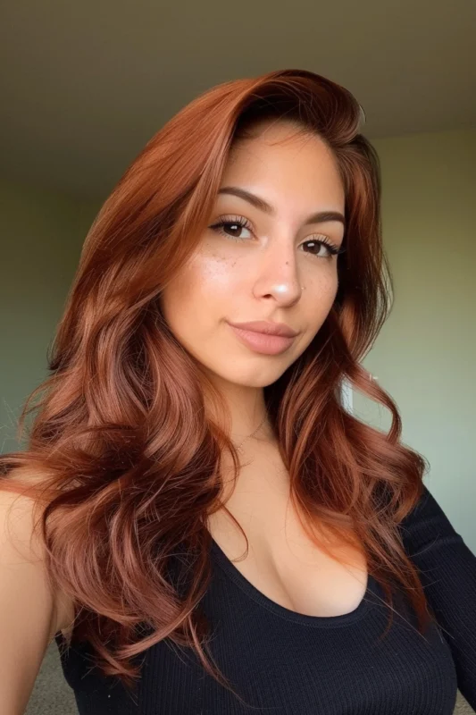 Woman with light copper brown hair and soft waves.