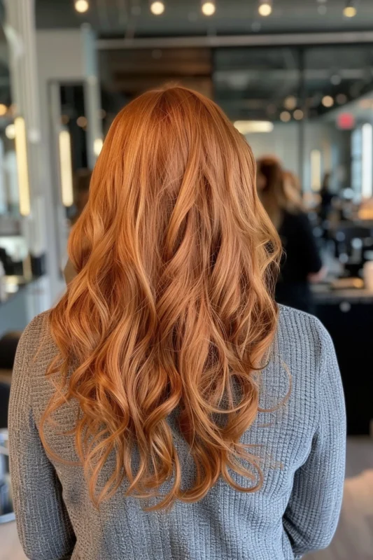 Woman with vibrant light copper hair and subtle curls.