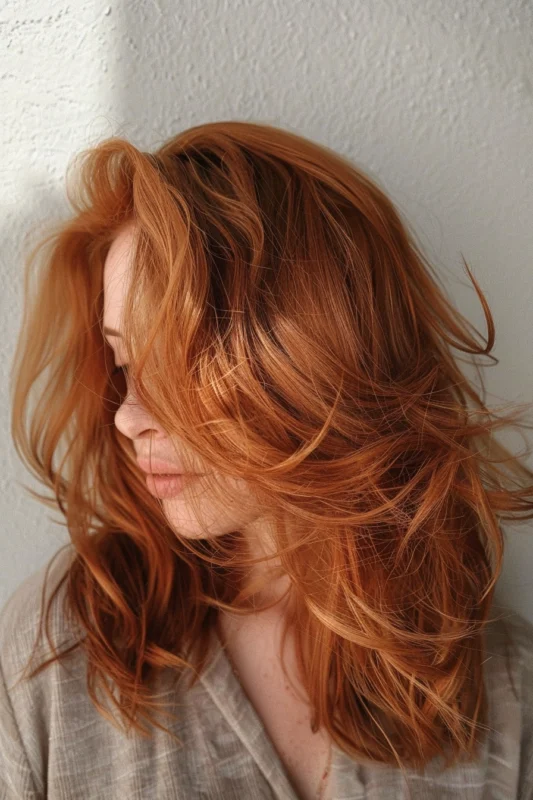 Woman with light copper red hair with a gentle wave.