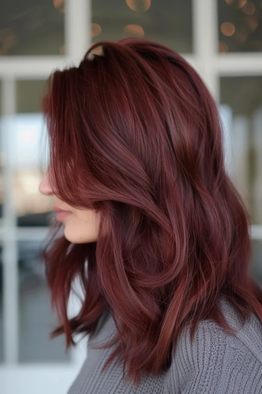 Side view of a woman's wavy light mahogany brown hair.