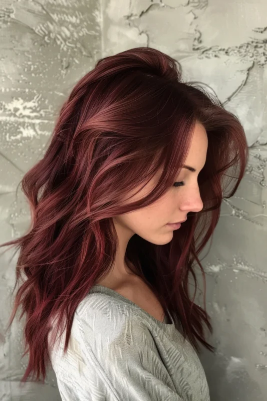 Dark maroon colored hair with a hint of purple mystery.