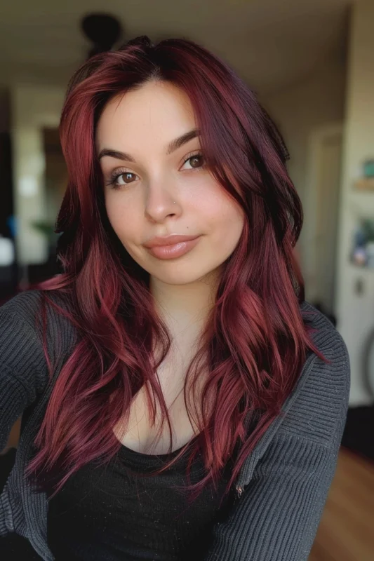 Front view of a woman with maroon purple hair.