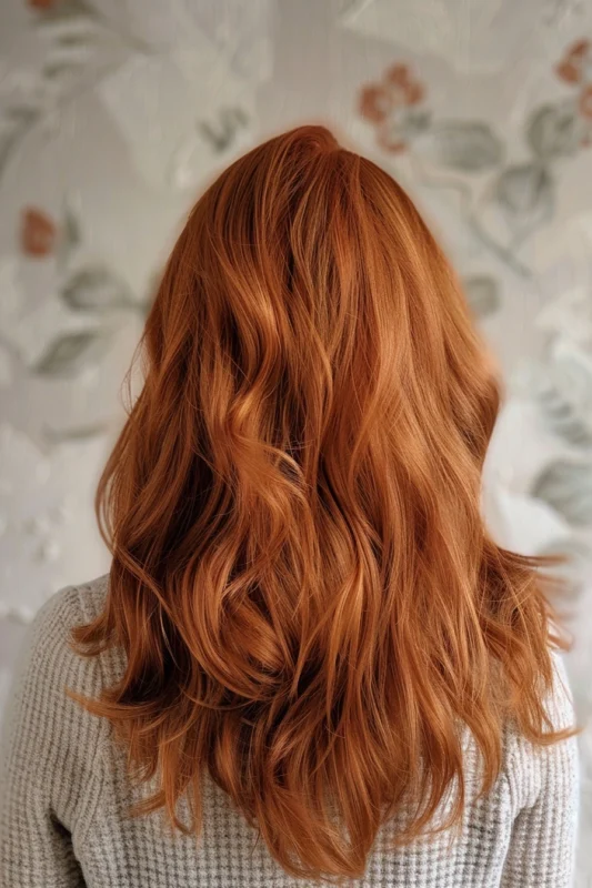 Woman with rich, natural copper hair cascading down her back.