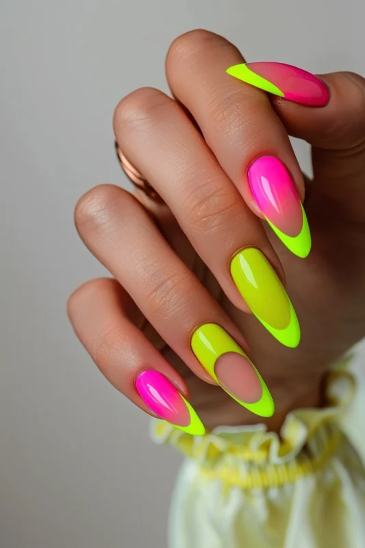 Neon French tips on long neon nails.