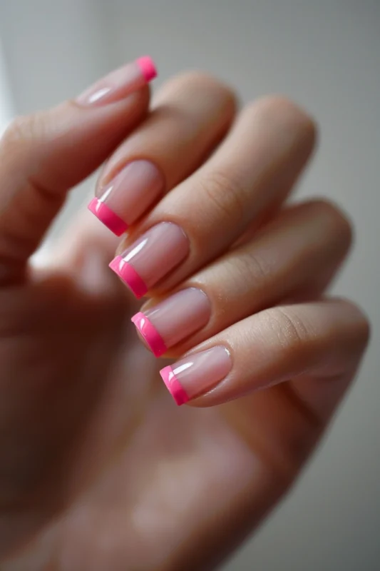 Transparent nails with neon pink tips.