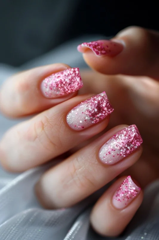 Glittery pink French tips on square nails.