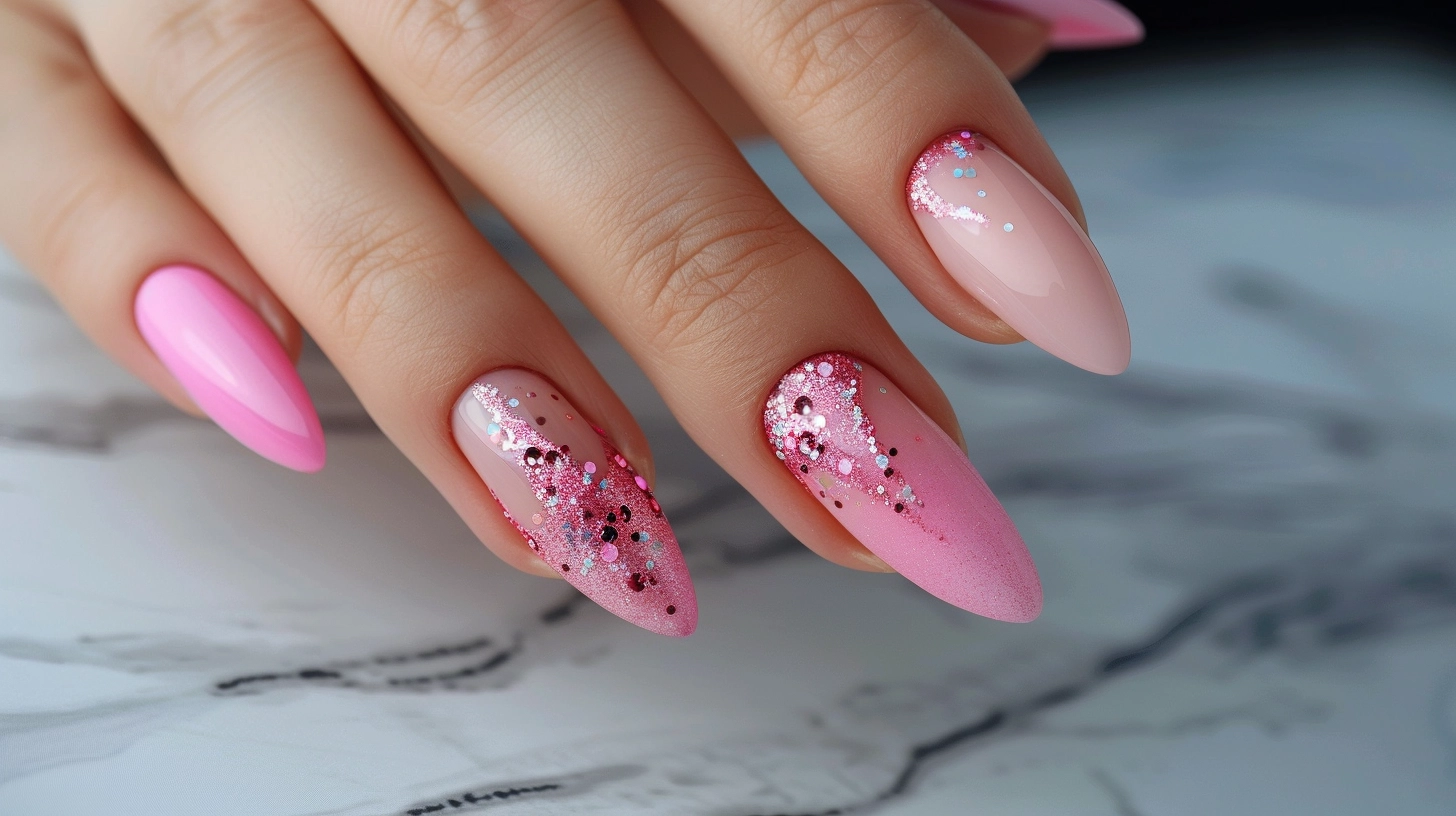 Elegant long almond-shaped nails in pretty pink nail polish adorned with glitter accents.