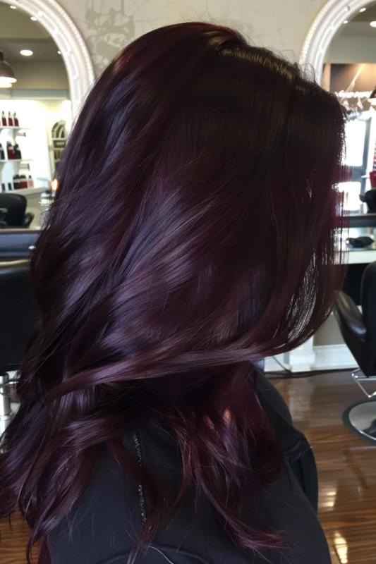 A woman with silky, sumptuous plum-colored tresses.
