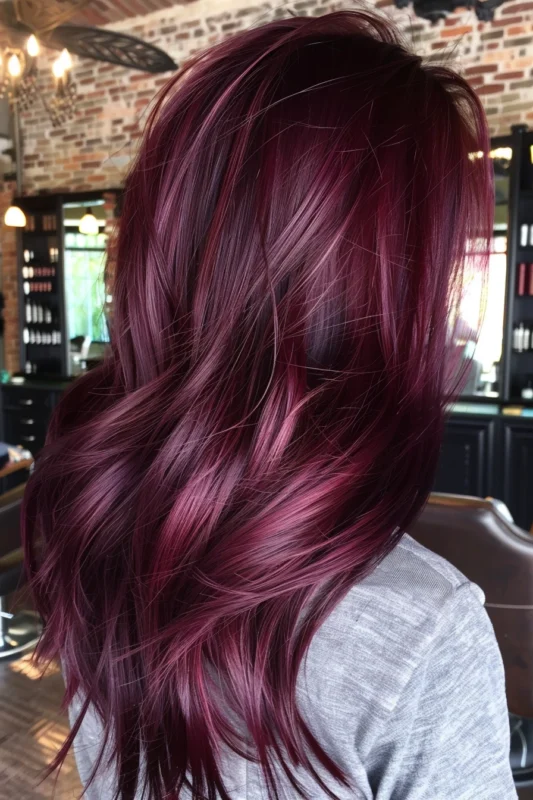 A woman with a regal purple red hair colorn.