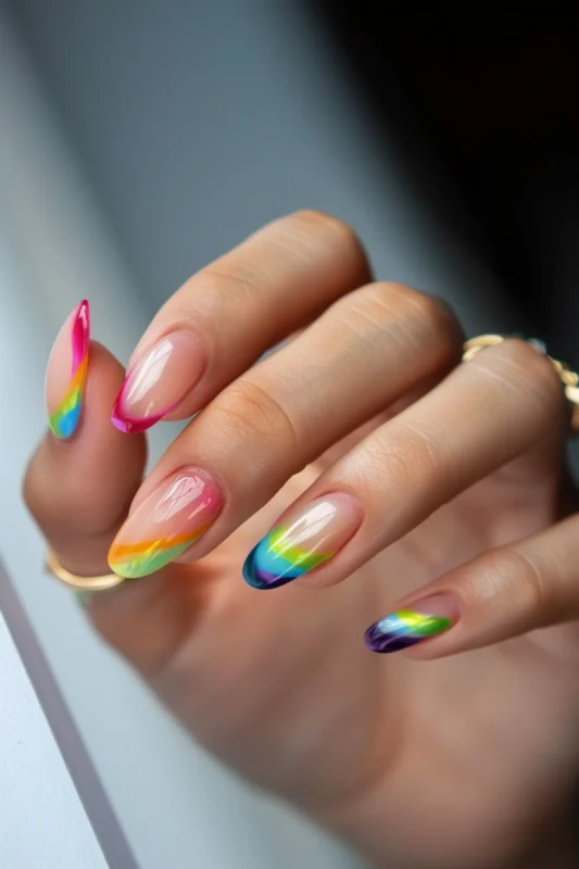 Rainbow French tips on oval nails.