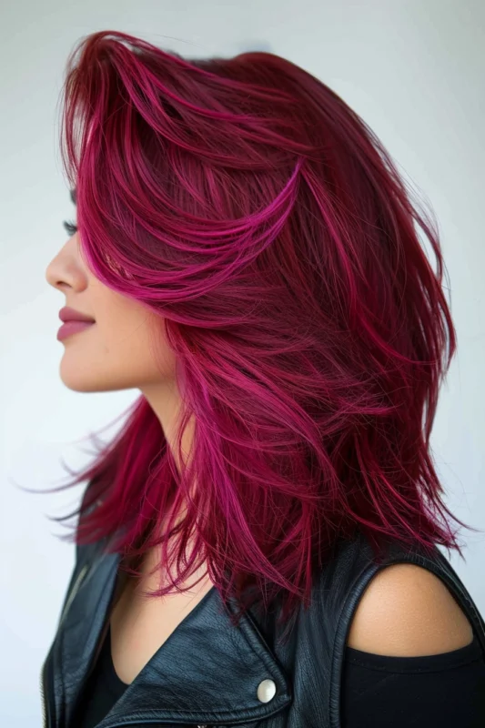 A woman with vibrant raspberry colored hair