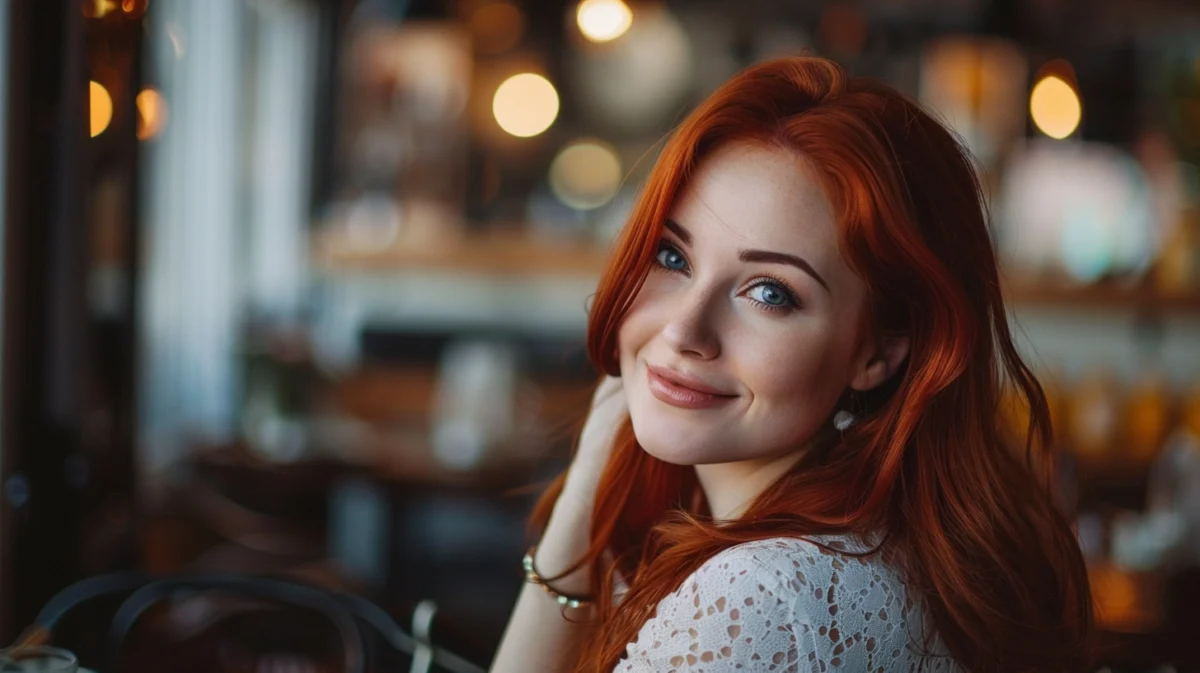 Woman with beautiful red hair in a cafe.