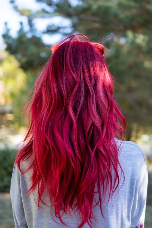 A woman's cascading red magenta hair.