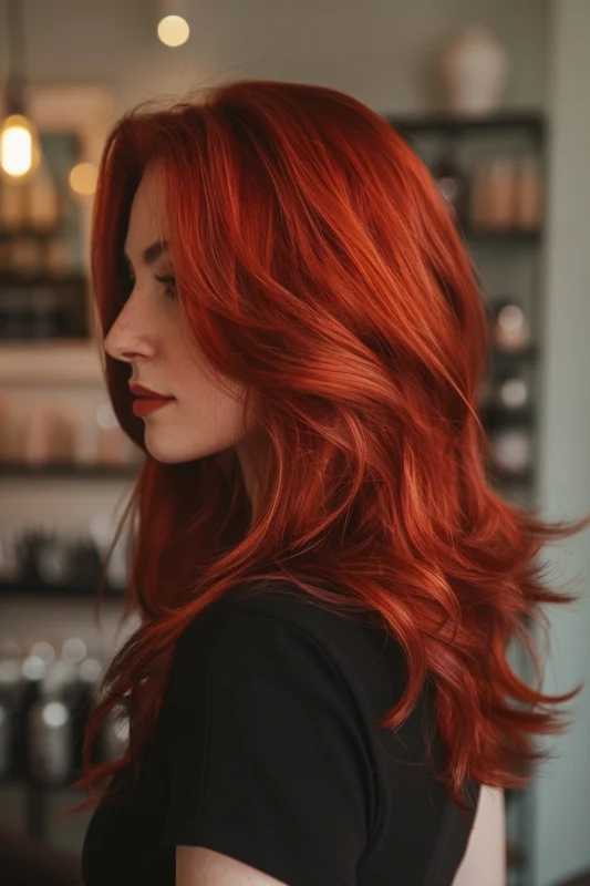 A woman's vibrant red-orange hair shimmering in natural light.