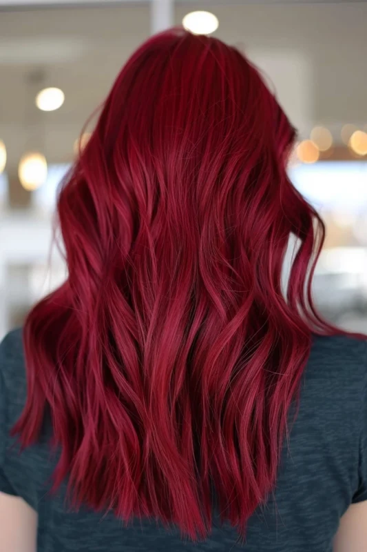 A person with a lush, sophisticated red velvet hair color.