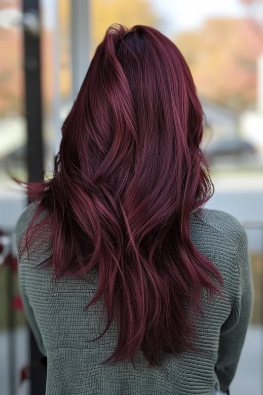 A woman's hair flaunting the deep tones of red violet.